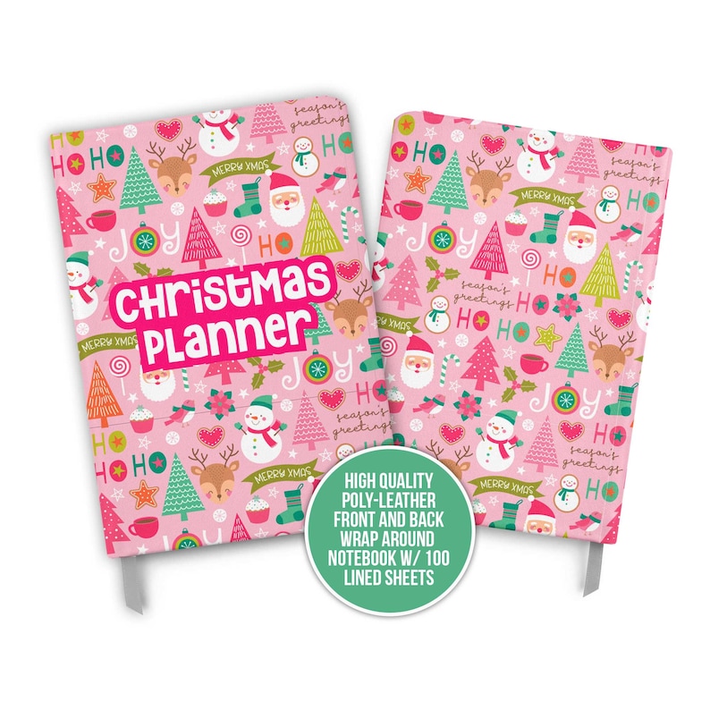 May include: Pink Christmas planner notebook with a festive design featuring Santa, reindeer, snowmen, and Christmas trees. The cover has the text "Christmas Planner" in white letters. The notebook has 100 lined sheets.
