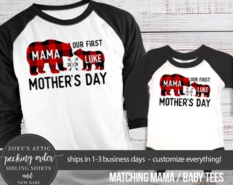 first mother's day mama baby buffalo plaid bear Unisex raglan shirt set | personalized mama baby shirts | 22MD-013-RSet