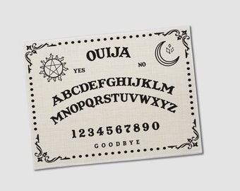 May include: A black and white Ouija board with the letters of the alphabet, numbers 1-9 and 0, and the words "YES", "NO", and "GOODBYE".