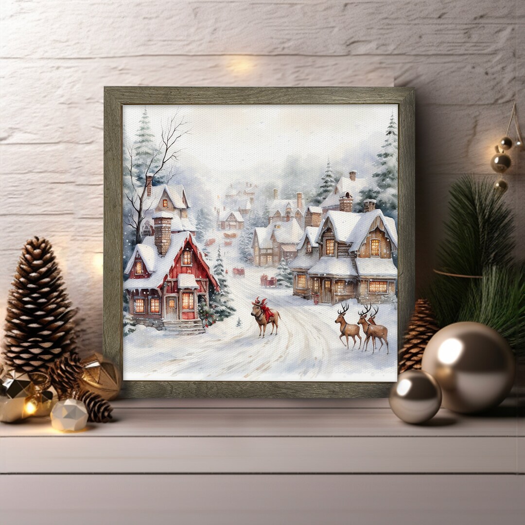Vintage Decorated Christmas Village Snowy Framed Canvas Wall Art Print ...