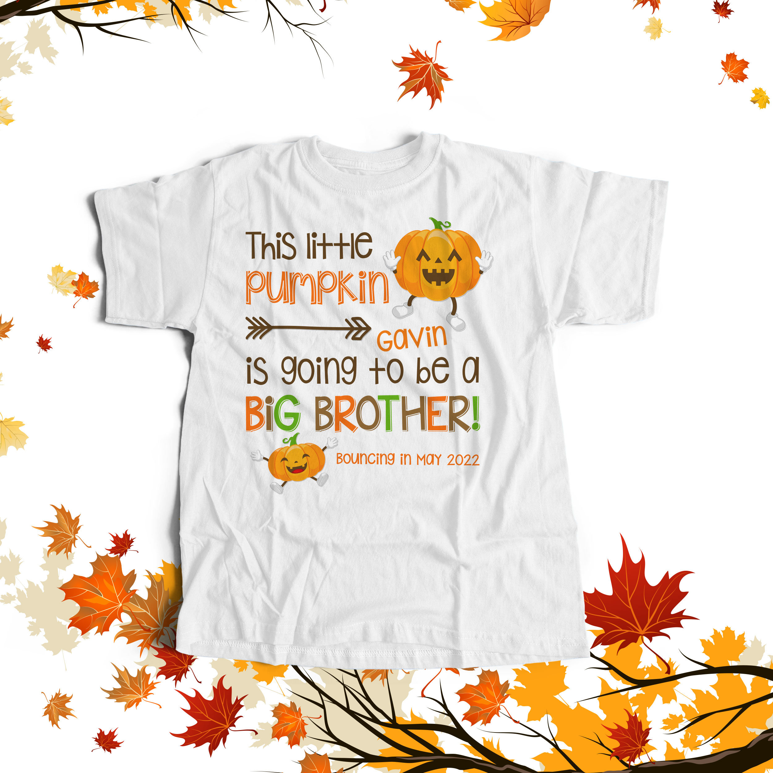 Otoño gran hermano para ser camisa / camiseta de anuncio de embarazo de calabaza pequeña / camiseta de anuncio sorpresa de acción de gracias de halloween 22SNLF-003