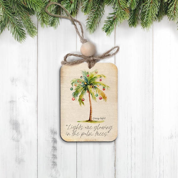 christmas wood ornament | christmas lights are glowing in the palm trees rustic wood ornament | jimmy buffett decorated palm tree ornament