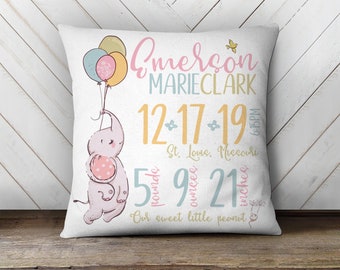 Birth announcement pillowcase pillow | elephant and balloons birth announcement pillow | adorable nursery decor | new baby gift - BP-077