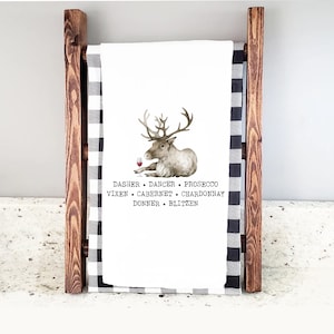 torchon des Fêtes | Noms des rennes du père Noël Carte des vins Torchon de cuisine | torchon pour boire du vin | Cadeau de Noël amusant pour hôtesse mtt-067