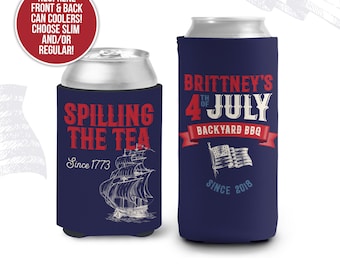Fourth of July can coolies | July 4th backyard BBQ can coolers | spilling the tea personalized slim or regular size can coolies MCC-159