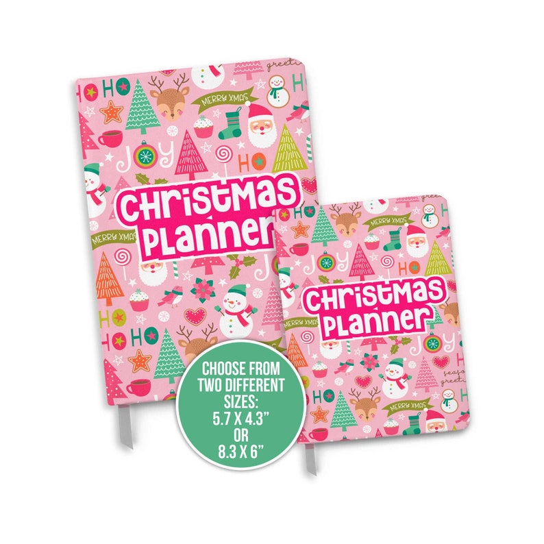 May include: Two pink Christmas planner notebooks with a festive design featuring Christmas trees, reindeer, Santa Claus, snowmen, and the words "Christmas Planner" and "Merry Xmas". The notebooks are available in two sizes: 5.7 x 4.3 inches or 8.3 x 6 inches.