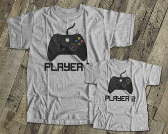 Video game player 1 and player 2 matching dad and kiddo t-shirt or bodysuit gift set - great gift for video game loving dad 22FD-005-Set