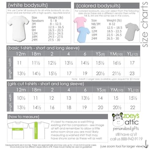May include: Size chart for white and colored bodysuits, basic t-shirts, and girls' cut t-shirts. The chart includes sizes from newborn to 24 months and includes measurements in inches for length and width. The chart also includes sizes for youth sizes 8, 10, and 12. The chart is labeled "Zoey's Attic Personalized Gifts" and includes a phone number for customer service.