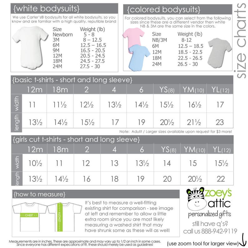 May include: Size chart for white and colored bodysuits, basic t-shirts, and girls' cut t-shirts. The chart includes sizes from newborn to 24 months and includes measurements in inches for length and width. The chart also includes sizes for youth sizes 8, 10, and 12. The chart is labeled "Zoey's Attic Personalized Gifts" and includes a phone number for customer service.