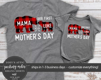 first mothers day buffalo plaid bear matching shirt gift set | personalized UNISEX mama baby shirts | 22MD-013-DSet