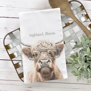 farm animals dish tea towel with adorable highland cow with glasses tea towel funny cute tea towels housewarming gift novelty towel mtt-081
