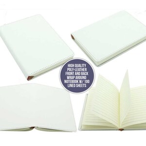 May include: White notebook with a poly-leather cover. The cover wraps around the front and back of the notebook. The notebook has 100 lined sheets.