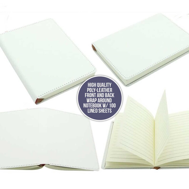 May include: White notebook with a poly-leather cover. The cover wraps around the front and back of the notebook. The notebook has 100 lined sheets.