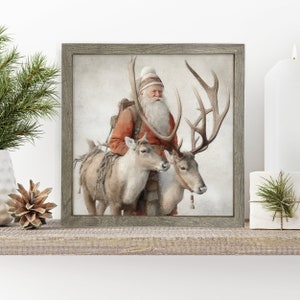 vintage santa with reindeer holiday home decor nostalgic old time santa canvas framed wood wall art holiday decoration prnt-037