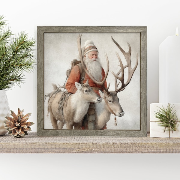 vintage santa with reindeer holiday home decor nostalgic old time santa canvas framed wood wall art holiday decoration prnt-037