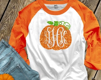 Pumpkin monogram glitter sparkly monogrammed pumpkin personalized fall halloween shirt monogram unisex ADULT raglan shirt SNLF-050-ROL