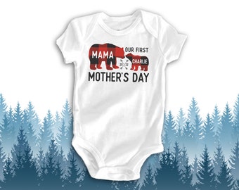 our first mothers day buffalo plaid bear bodysuit or shirt | mothers day shirt | mama baby first Mothers Day | 22MD-013-B