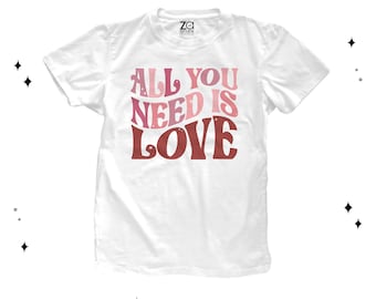 Valentine's Day shirt | all you need is love valentine kid tshirt | valentine retro groovy wavy text youth tee shirt or bodysuit 23VD-007
