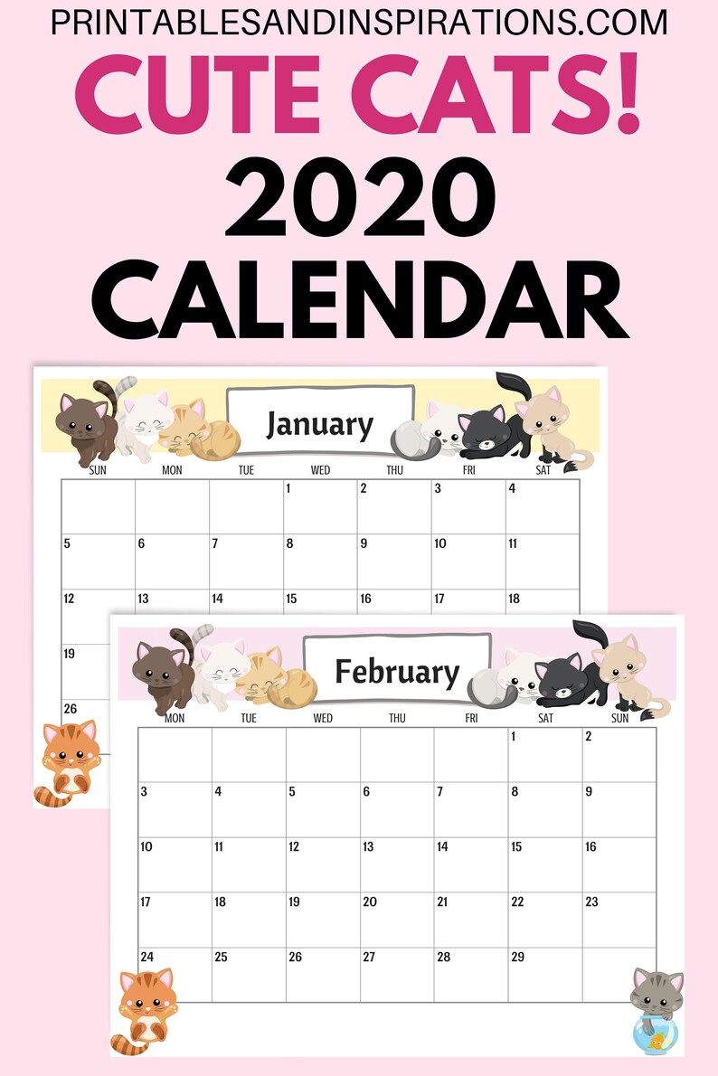 cute cats 2020 calendar printable planner pdf with free 2019 etsy