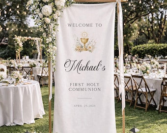 First Communion Sign, Fabric Personalized Baptism Welcome Sign, Christening Banner, Custom Linen Sign Decor