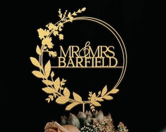 Personalized Floral Wreath Wedding Cake Topper: Custom Acrylic, Handmade