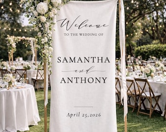 Plaque de bienvenue pour mariage en lin, plaque de mariage en tissu personnalisé, plaque de mariage moderne, bannière de mariage, décoration de mariage bohème, plaque de fête de fiançailles