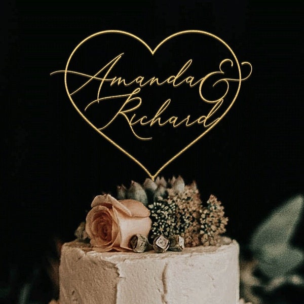 Décoration de gâteau en or avec coeur et deux noms, décoration de gâteau de mariage coeur, décoration de gâteau de mariage, décoration de gâteau de noms personnalisés, décoration de gâteau d'anniversaire
