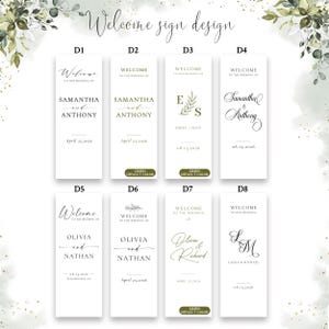Pu&ograve; includere: Otto cartelli di benvenuto per matrimoni rettangolari verticali etichettati da D1 a D8, caratterizzati da vari stili tipografici, nomi come Samantha e Anthony, date e accenti botanici in inchiostro nero e verde oliva su sfondo bianco.