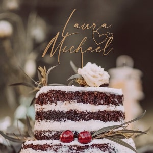 Noms personnalisés de gâteau de mariage avec coeurs, décoration de gâteau prénoms coeur doré, décoration de gâteau personnalisée pour mariage Natural Wood