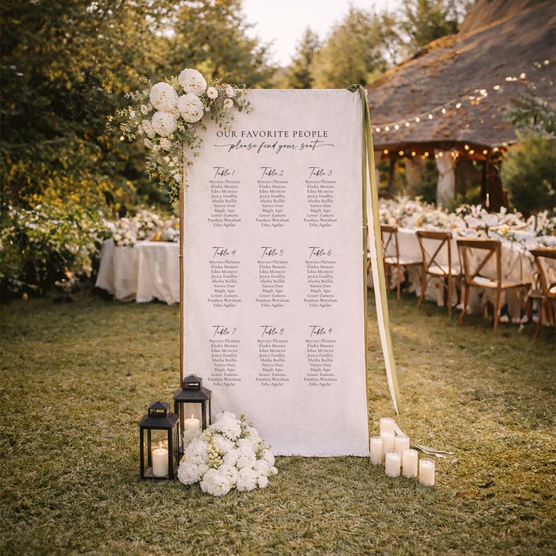 Pu&ograve; includere: Un alto cartello rettangolare per il tableau de mariage con il testo "OUR FAVORITE PEOPLE" e "please find your seat" sopra nove liste di tavoli. &Egrave; decorato con composizioni floreali bianche, due lanterne nere e candele cilindriche.