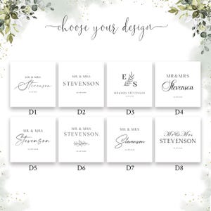 May include: Eight wedding design options on white squares, each with "MR & MRS Stevenson" in various fonts. The text "choose your design" is written above. Designs include initials and floral elements.