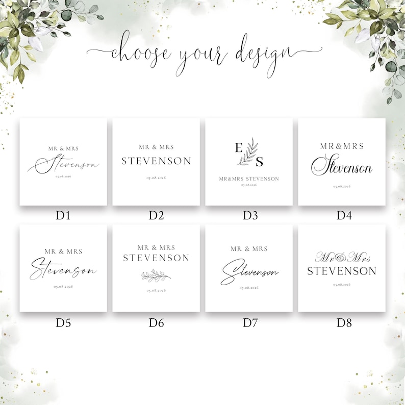 May include: Eight wedding design options on white squares, each with "MR & MRS Stevenson" in various fonts. The text "choose your design" is written above. Designs include initials and floral elements.