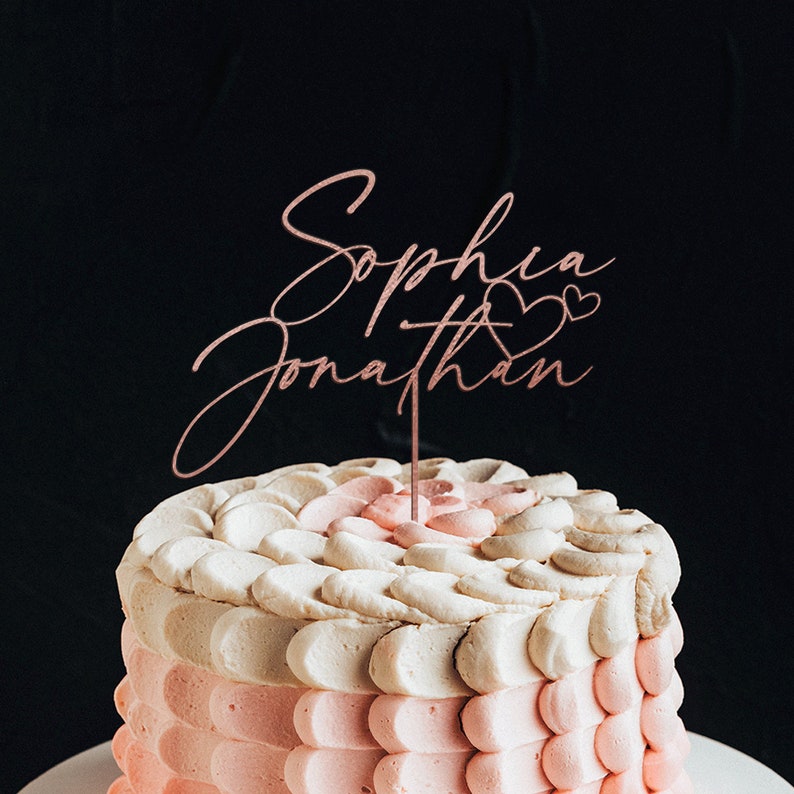 Topper per torta nuziale con nomi personalizzati con cuori, Topper per torta con nomi personalizzati cuore dorato, Topper per torta personalizzato per matrimonio Rose Gold