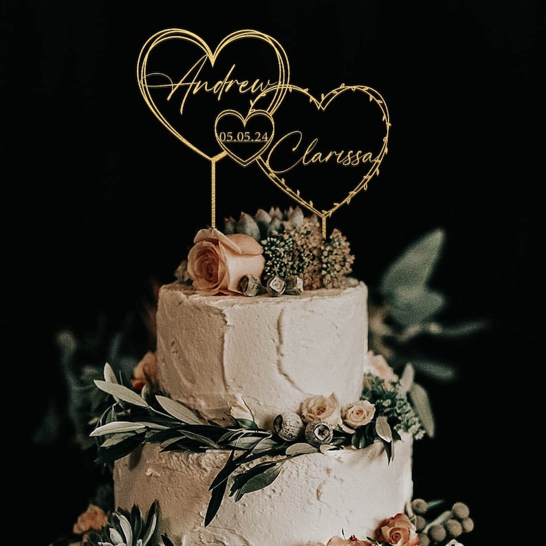 Décoration de gâteau en or avec coeurs pour mariage, date de gâteau, gâteau de mariage, nom personnalisé et date de gâteau, gâteau d'anniversaire image 1