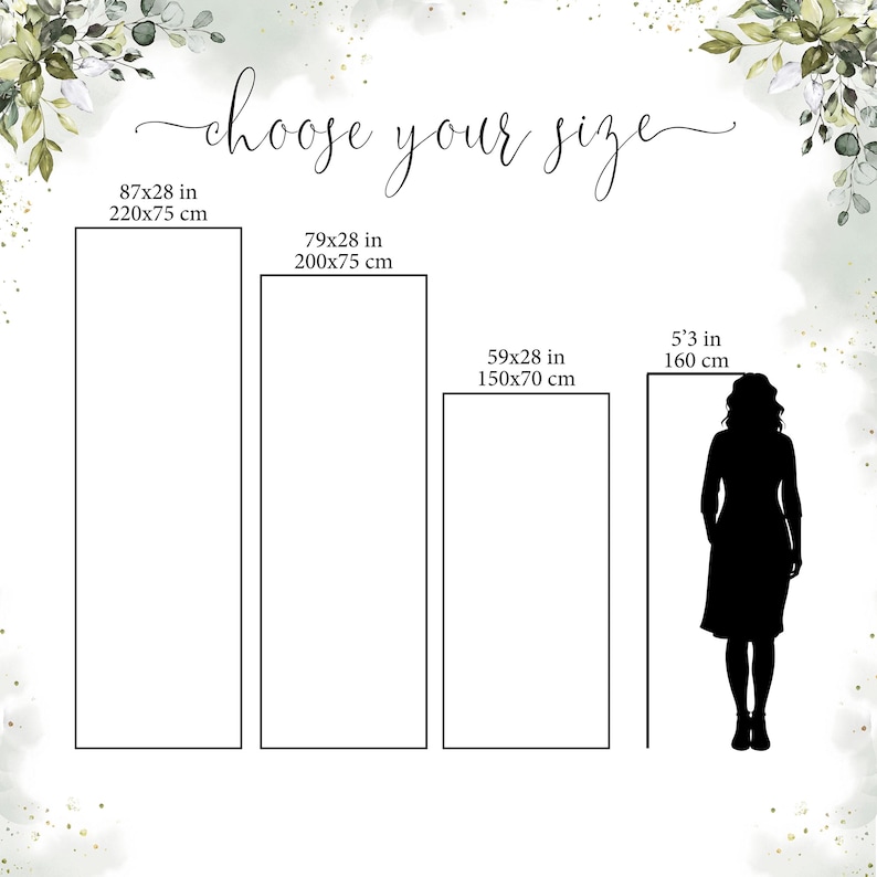 Pu&ograve; includere: Una tabella delle taglie con il testo choose your size, che mostra tre contorni rettangolari con dimensioni 220x75 cm, 200x75 cm e 150x70 cm, accanto a una sagoma nera di una persona etichettata 160 cm per scala, incorniciata da fogliame verde.