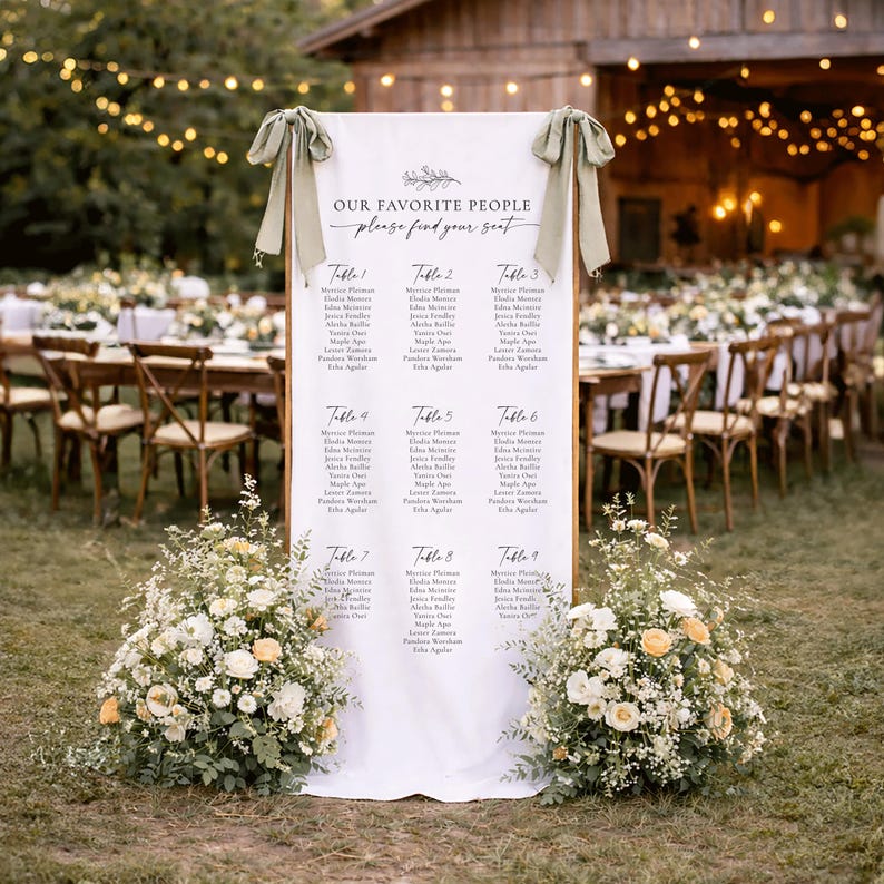 Pu&ograve; includere: Un alto cartello verticale bianco per il piano dei posti a sedere con testo nero che recita OUR FAVORITE PEOPLE please find your seat, organizzato in nove tavoli. Il cartello &egrave; montato su una cornice in legno con fiocchi in tessuto verde salvia.