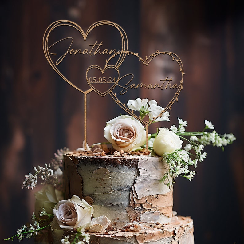 Décoration de gâteau en or avec coeurs pour mariage, date de gâteau, gâteau de mariage, nom personnalisé et date de gâteau, gâteau d'anniversaire image 7
