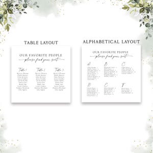 Pu&ograve; includere: Due segnaposti per matrimoni bianchi con testo nero e dettagli di foglie ad acquerello verde. Il cartello a sinistra &egrave; intitolato TABLE LAYOUT e quello a destra ALPHABETICAL LAYOUT. Entrambi riportano il testo OUR FAVORITE PEOPLE please find your seat.