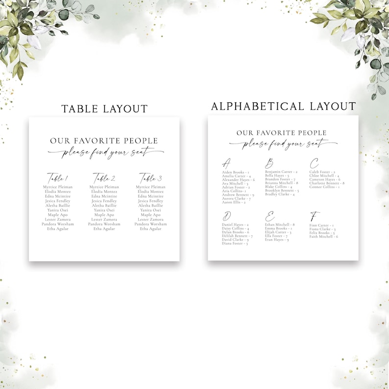 Pu&ograve; includere: Due segnaposti per matrimoni bianchi con testo nero e dettagli di foglie ad acquerello verde. Il cartello a sinistra &egrave; intitolato TABLE LAYOUT e quello a destra ALPHABETICAL LAYOUT. Entrambi riportano il testo OUR FAVORITE PEOPLE please find your seat.