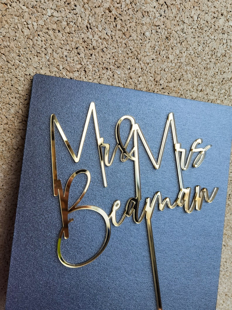 Gouden taart topper voor bruiloft, gepersonaliseerde taart topper, rustieke bruidstaart topper, aangepaste Mr Mrs taart topper, jubileum taart toppers Gold Mirror