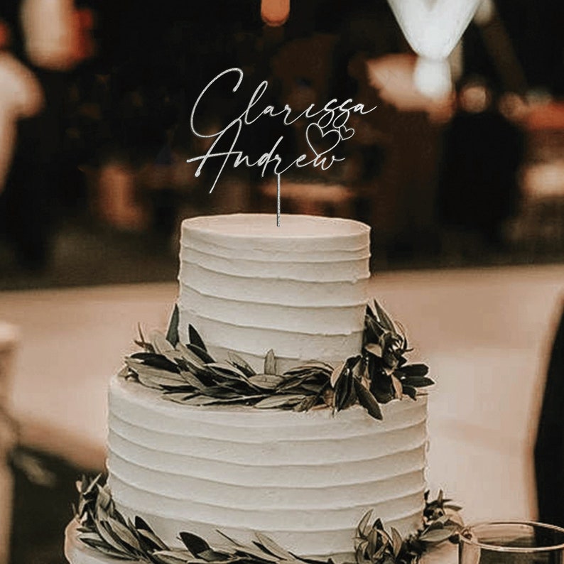 Noms personnalisés de gâteau de mariage avec coeurs, décoration de gâteau prénoms coeur doré, décoration de gâteau personnalisée pour mariage Silver