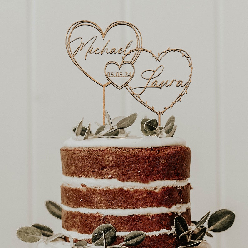 Décoration de gâteau en or avec coeurs pour mariage, date de gâteau, gâteau de mariage, nom personnalisé et date de gâteau, gâteau d'anniversaire image 2