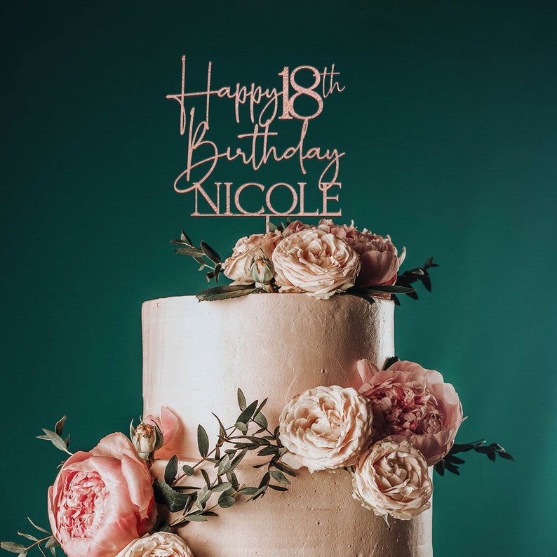 Topper per torta del 18 compleanno, Topper per torta del 18 compleanno felice, Topper per torta per festa di compleanno personalizzati con nome, Decorazione di compleanno moderna Rose Gold