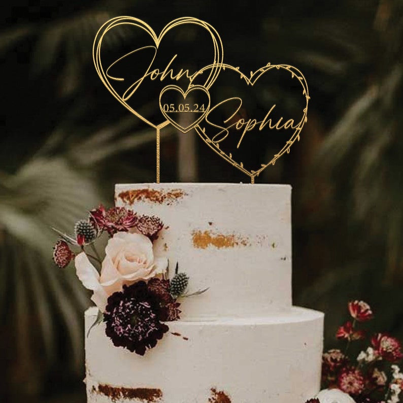 Décoration de gâteau en or avec coeurs pour mariage, date de gâteau, gâteau de mariage, nom personnalisé et date de gâteau, gâteau d'anniversaire image 10