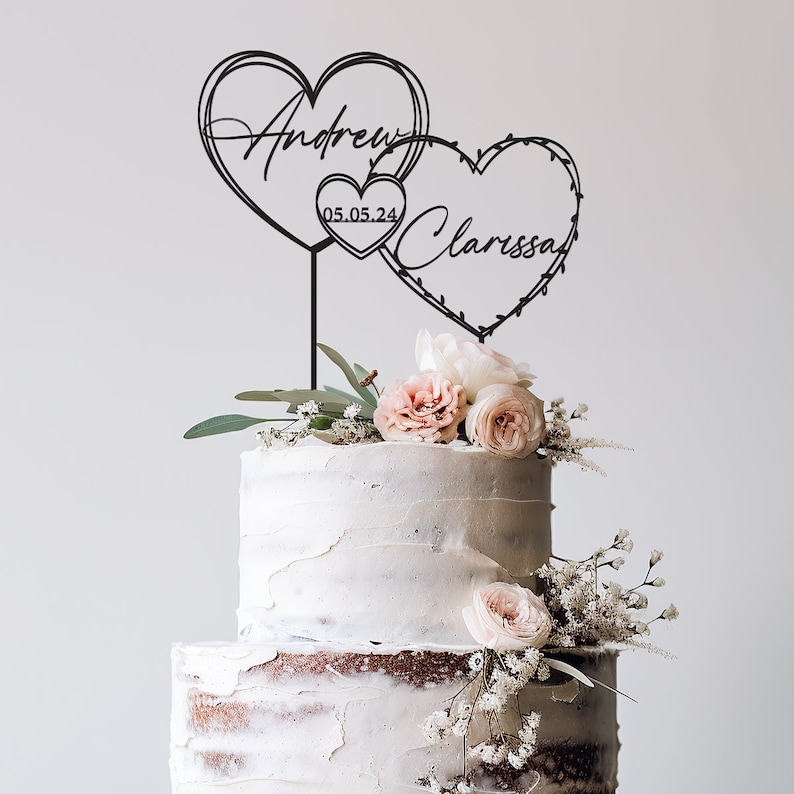 Décoration de gâteau en or avec coeurs pour mariage, date de gâteau, gâteau de mariage, nom personnalisé et date de gâteau, gâteau d'anniversaire image 6