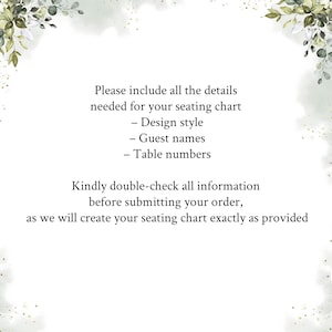 Pu&ograve; includere: Un cartello rettangolare bianco con illustrazioni di foglie ad acquerello verde negli angoli. Il testo recita: Please include all the details needed for your seating chart - Design style - Guest names - Table numbers. Kindly double-check all information before submitting your order, as we will create your seating chart exactly as provided.