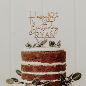 18th Birthday Cake Topper, Happy 18th Birthday Cake Topper, Personalized Birthday Party Cake Toppers with Name, Modern Birthday Decor Natural Wood