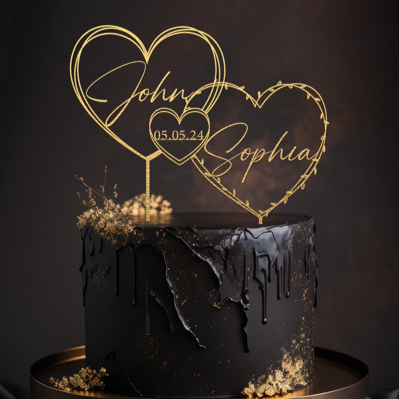 Décoration de gâteau en or avec coeurs pour mariage, date de gâteau, gâteau de mariage, nom personnalisé et date de gâteau, gâteau d'anniversaire image 4