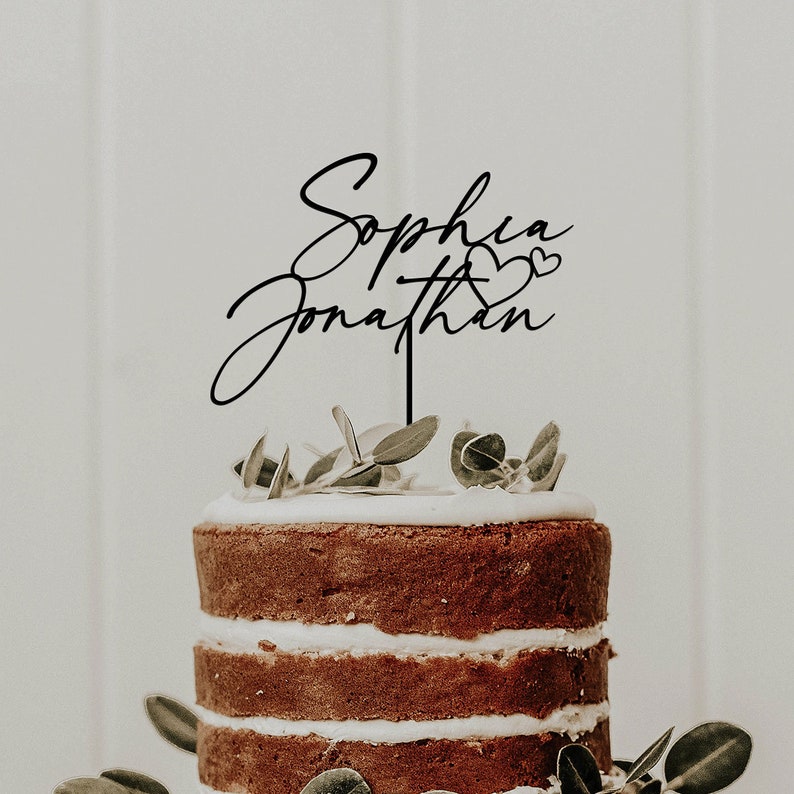 Topper per torta nuziale con nomi personalizzati con cuori, Topper per torta con nomi personalizzati cuore dorato, Topper per torta personalizzato per matrimonio Black