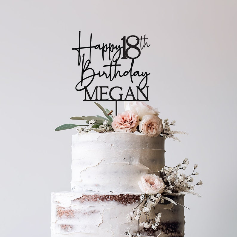 Topper per torta del 18 compleanno, Topper per torta del 18 compleanno felice, Topper per torta per festa di compleanno personalizzati con nome, Decorazione di compleanno moderna Black